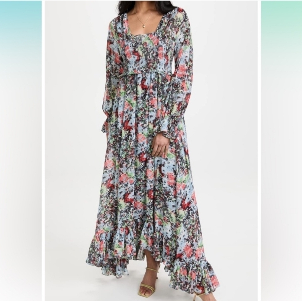 Cinq Sept Leigh Floral Ruffle Maxi Dress Powder Blue Multi Nwot Size 10